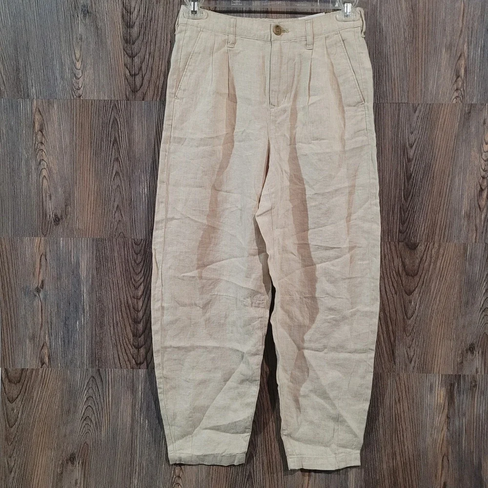 LANDS' END High Rise Barrel Leg 100% Linen Pants Sz 2 x 27 Beige Beach Vacation